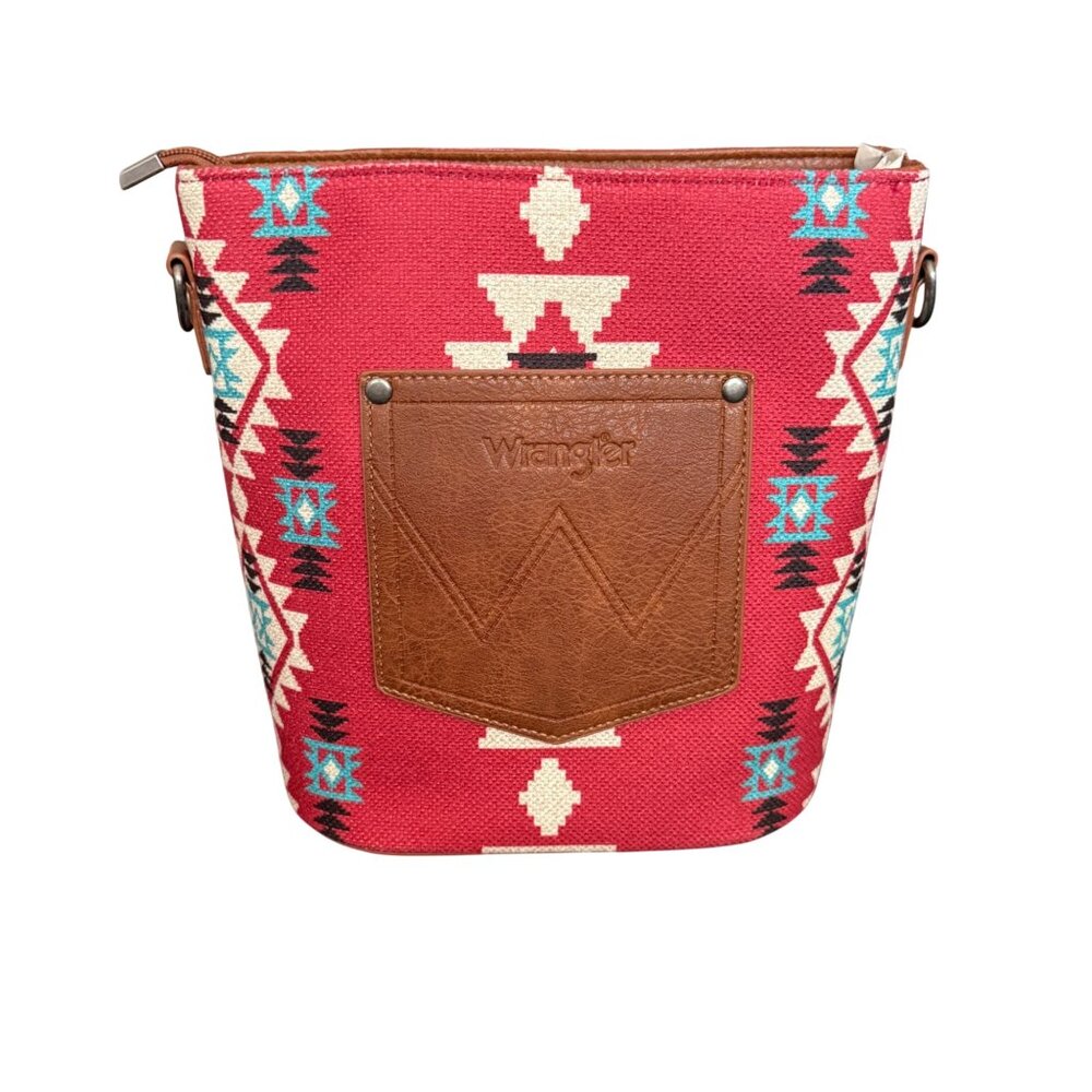 Wrangler Red Aztec Print Canvas & Faux Leather Crossbody Bag NWOT - Picture 4 of 7